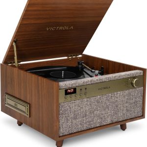 Victrola Century 6-in-1 Vinyl Record Player & Music Center - 3-Speed Turntable, CD & Cassette Player, VINYLSTREAM, Bluetooth & 3.5mm Aux, Record Player with Speakers, Mid Century Design, Walnut